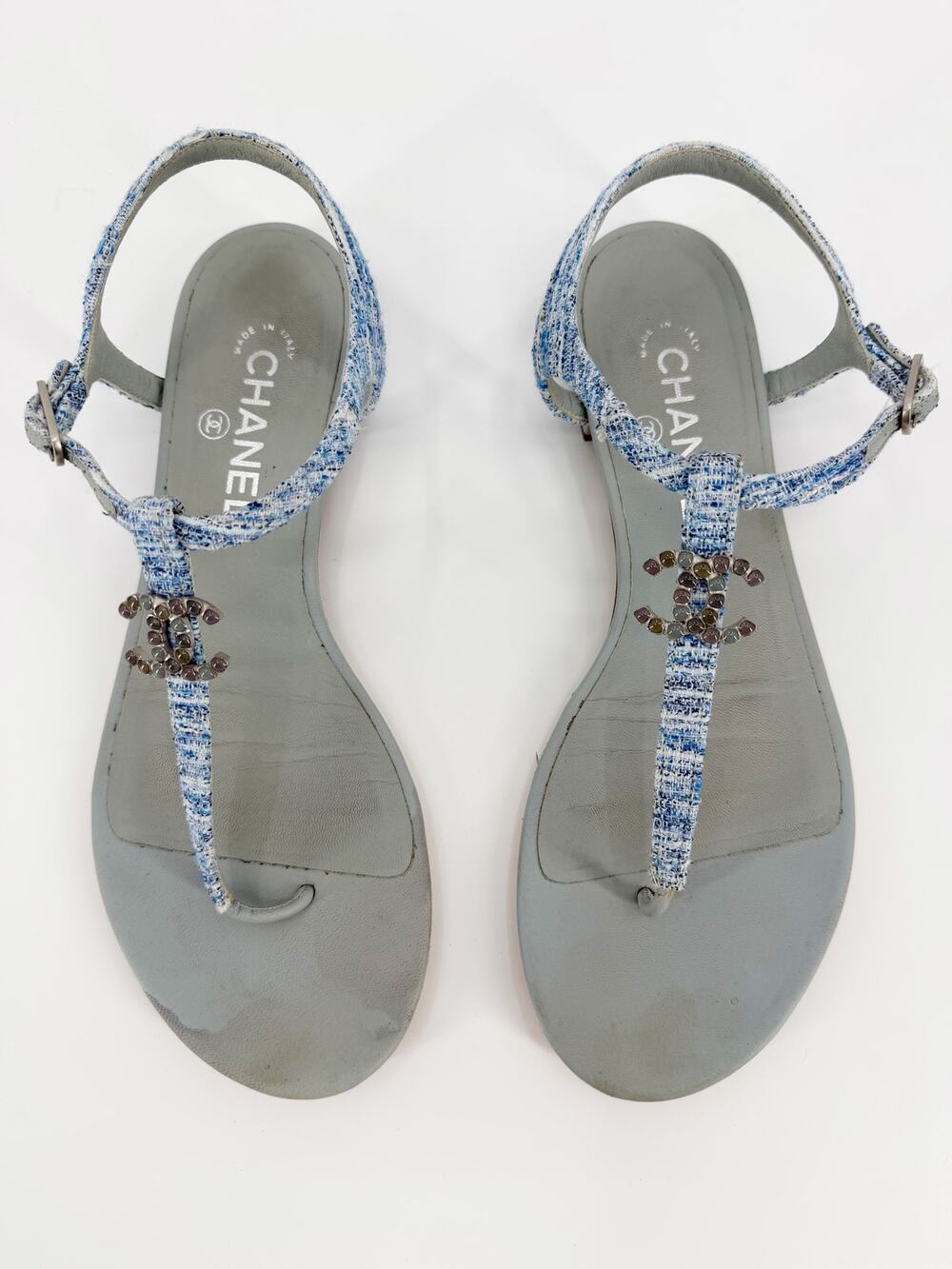 Chanel Sandals CC Logo Pale Blue Tweed Gripoix Stone Flat T-Strap Thong 40